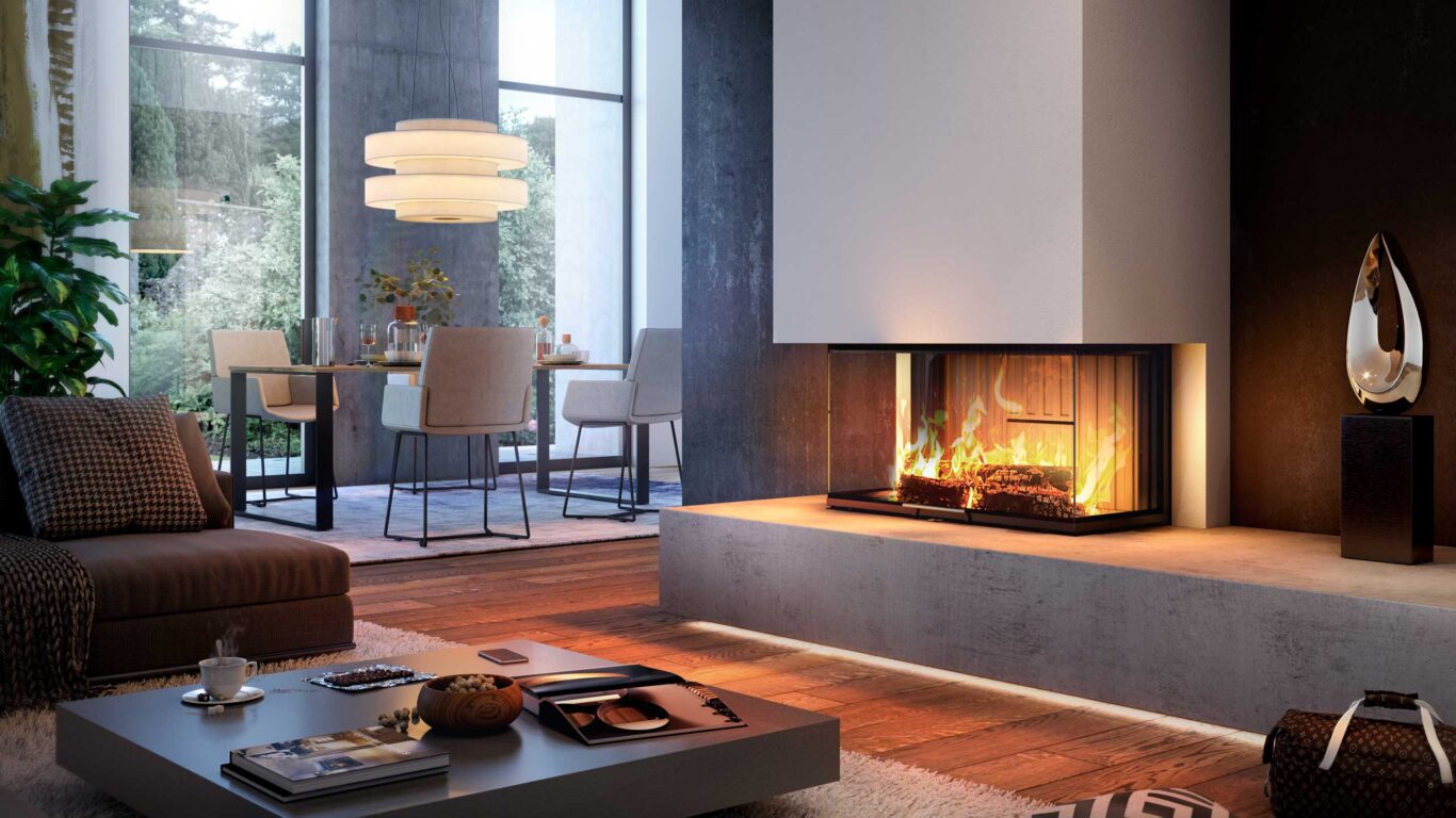 Hochwertiger Kamin mit schönem Brennraum zu drei Seiten und modernem Betonsockel mit LED Beleuchtung