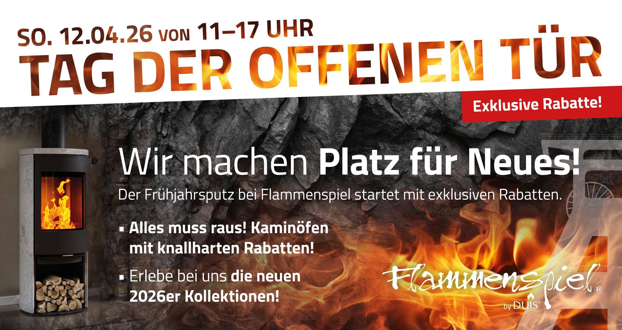 Tag der offenen Tür bei Flammenspiel am 12.04.2026 mit tollen Rabatten und der Ofenkollektion 2026